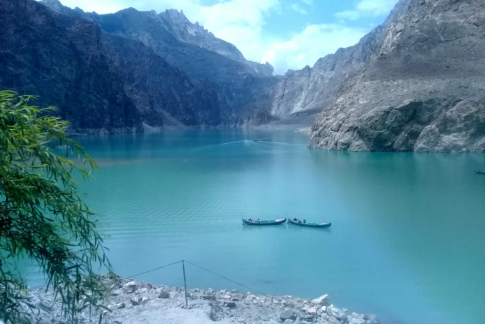 The vivid turquoise water of Attabad Lake in Upper Hunza, Gilgit-Baltistan, Pakistan