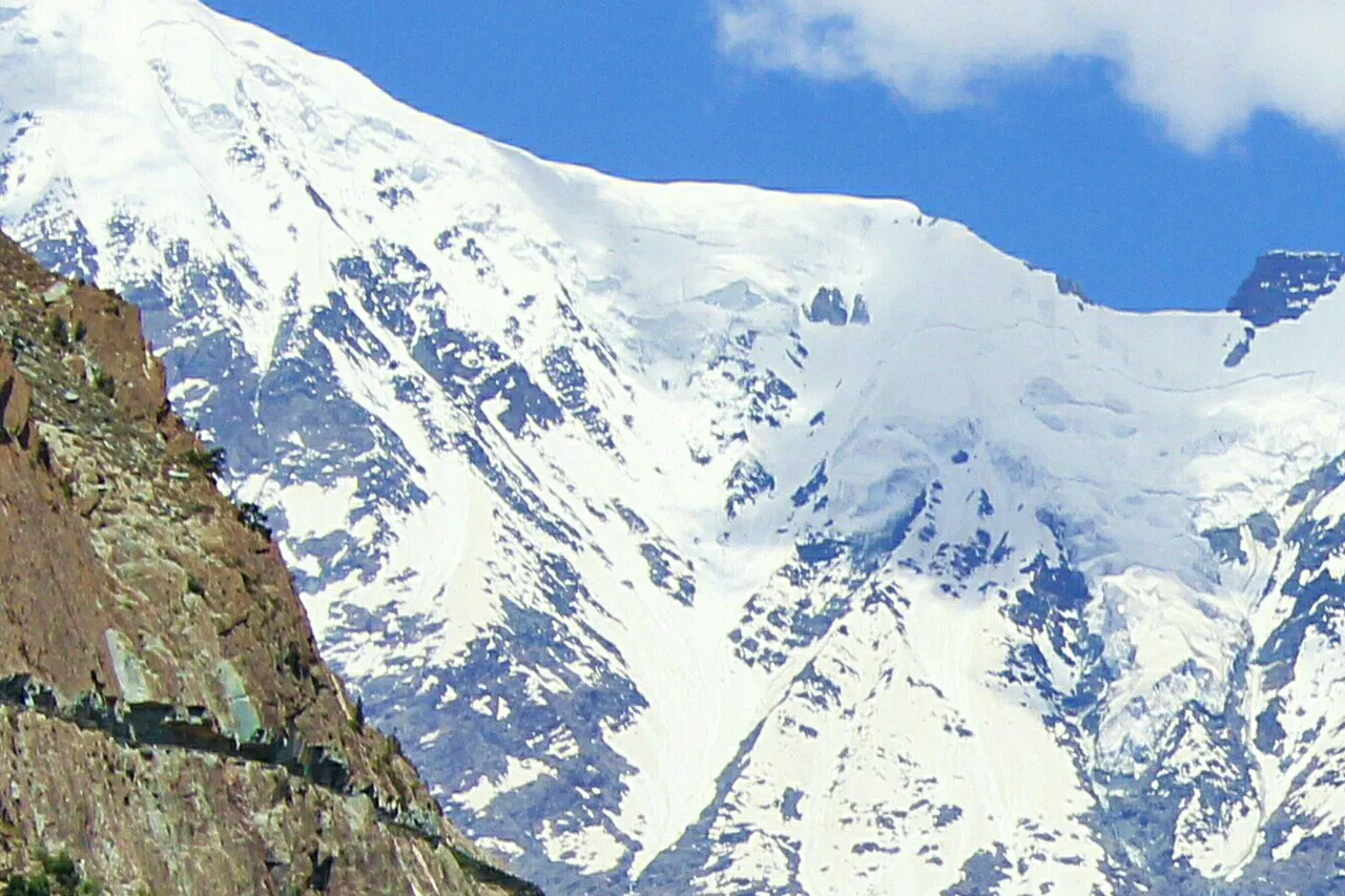 A trekker with a rucksack looking up the green Bagrote Valley near Gilgit towards the snow of the Rakaposhi massif, Gilgit-Baltistan, Pakistan