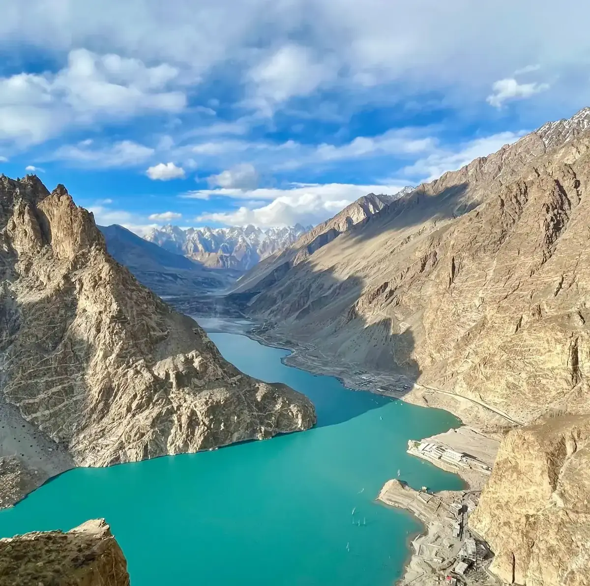 Turquoise Attabad Lake and the Passu Cones seen from Baskochi Meadows viewpoint, Upper Hunza