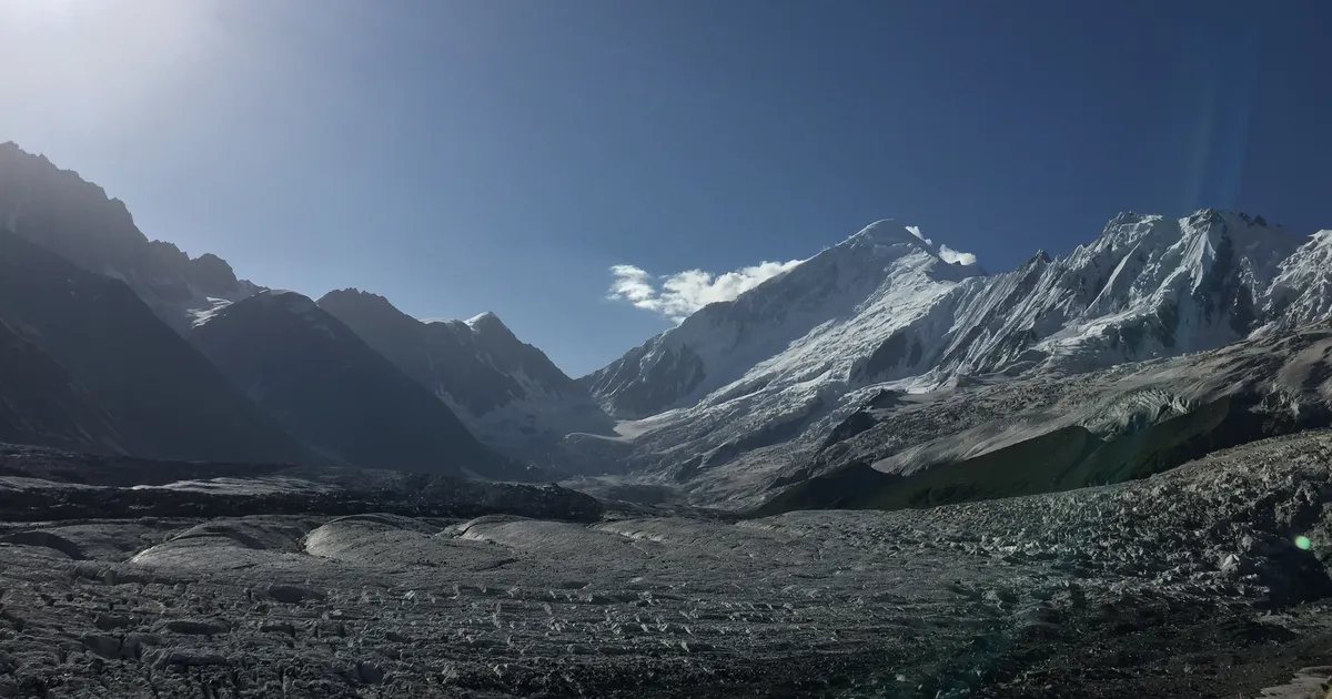 Diran Peak rising above the Minapin Glacier, seen from Tagaphari at Rakaposhi Base Camp in the Nagar Valley