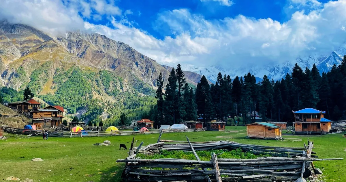 Fairy Meadows: wooden cabins and tents on the green alpine meadow below the snow face of Nanga Parbat, northern Pakistan