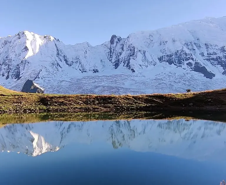 Kacheli Lake at 3,970 m mirroring the snow face above it at first light, Nagar Valley, Gilgit-Baltistan