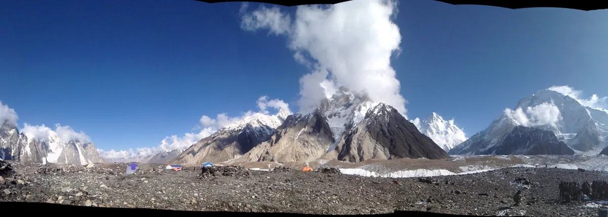 Panorama of the Concordia camp on the Baltoro Glacier, ringed by Karakoram peaks including Mitre Peak and Broad Peak