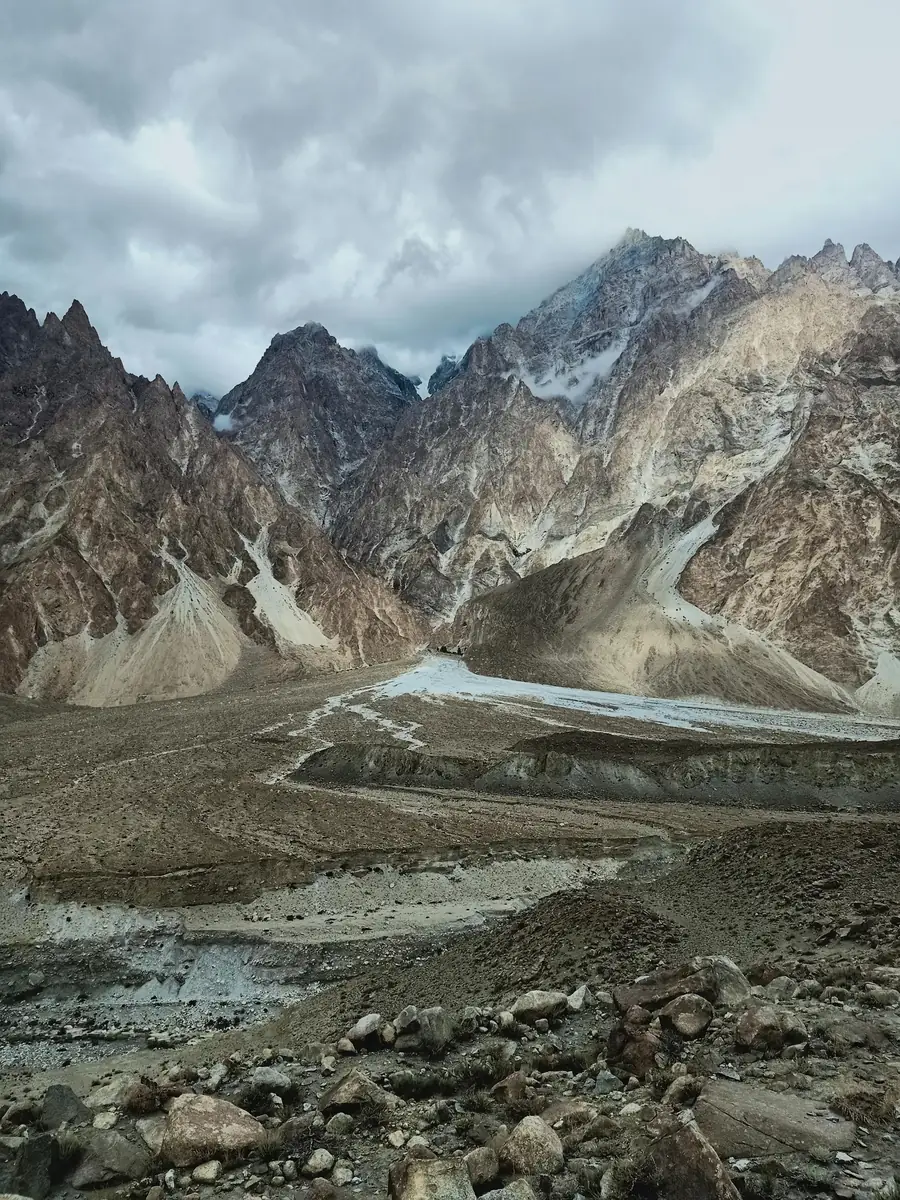 The jagged Passu Cones above the Karakoram Highway, the modern Silk Road through Upper Hunza, Gilgit-Baltistan