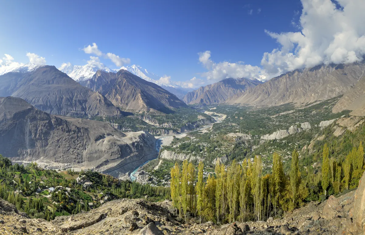 Hunza Valley from Eagle's Nest with Rakaposhi and the Karakoram Range above the Hunza River, Gilgit-Baltistan