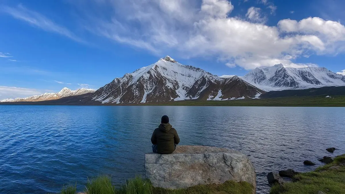 A trekker sitting on a boulder at the edge of Karambar Lake looking across the still water to the snow-covered peak on the far shore