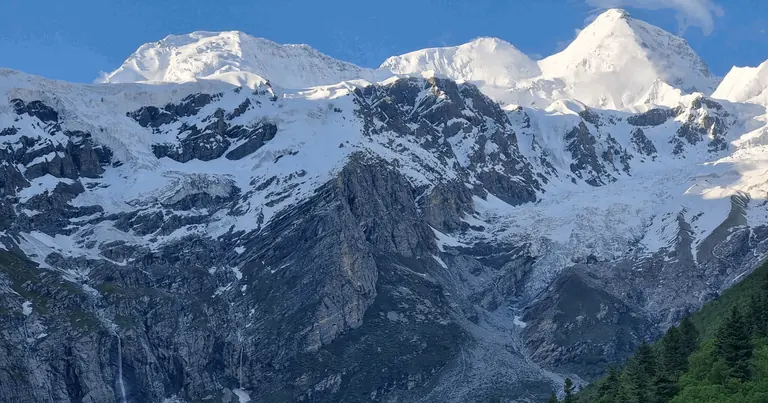 Snow peaks, icefalls and waterfalls at the head of Khaltaro Valley above pine forest, Haramosh, Gilgit-Baltistan, Pakistan
