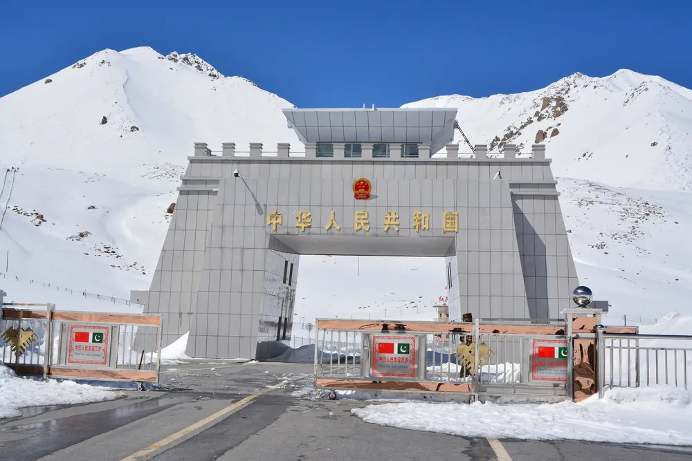 The Pakistan-China border marker at the top of the Khunjerab Pass on the Karakoram Highway