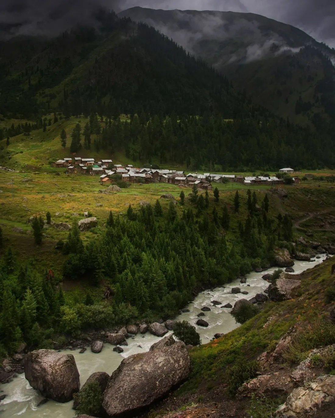 The Shina village of Minimarg in Astore: wooden houses on a green shelf above the milky Burzil Nala, with pine forest and storm cloud on the ridges behind