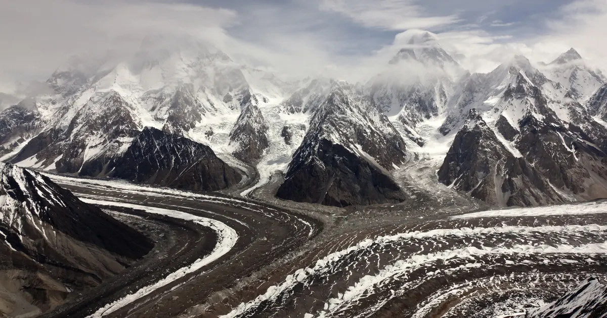 Baltoro Glacier and the Karakoram peaks around Concordia, Gilgit-Baltistan, Pakistan, seen from the air