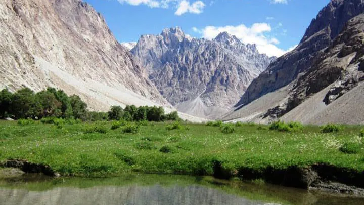 Un prato verde e una pozza limpida vicino a Murkushi, sulla via del passo Kilik, con betulle e cime di roccia grigia sotto un cielo azzurro, Misgar, alta Hunza, Pakistan