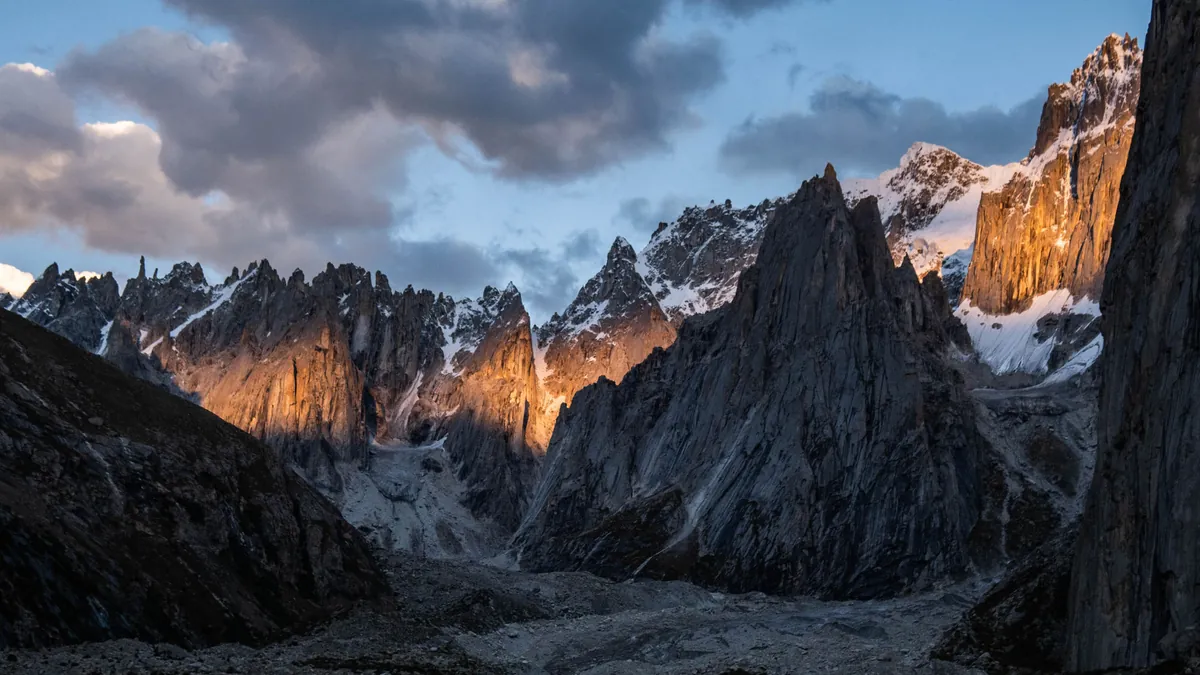 Last light on the granite towers of Nangma Valley, Baltistan, above the glacier at the head of the valley