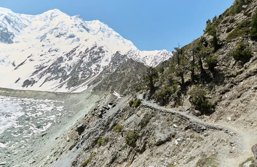 The narrow trail cut into the hillside above the Minapin Glacier with the snow face of Rakaposhi filling the sky