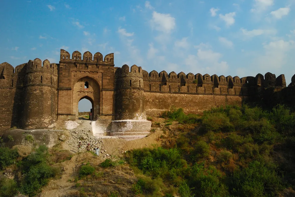 The massive stone walls and gate of Rohtas Fort near Jhelum, Punjab, Pakistan
