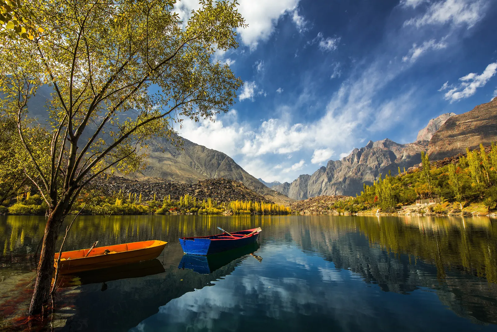 Rowing boats moored under a tree on Upper Kachura Lake near Skardu, with autumn poplars and reflections