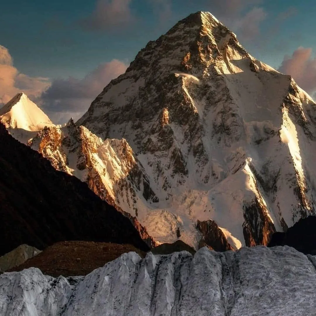 K2, the world's second-highest mountain, at golden hour in the Karakoram, Pakistan
