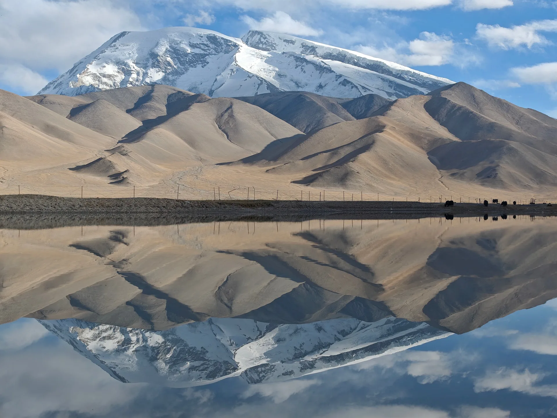 Muztagh Ata and sand dunes reflected in Karakul Lake