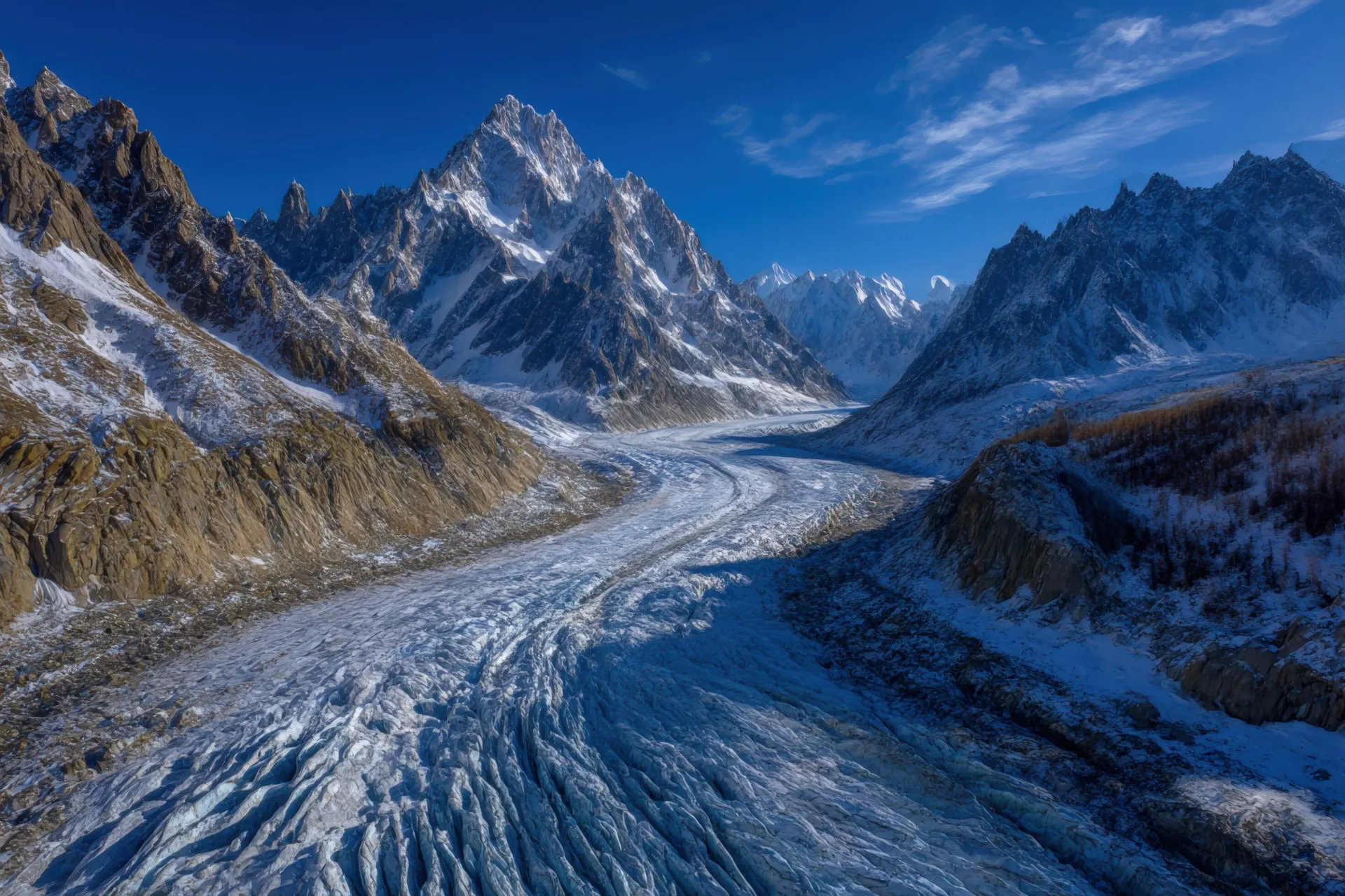 Glacier flowing through the mighty Karakoram mountains near K2