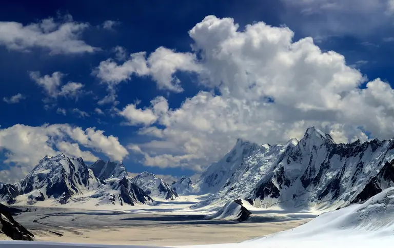 Snow Lake on the Shimshal to Askole crossing, a glacier basin ringed by Karakoram peaks