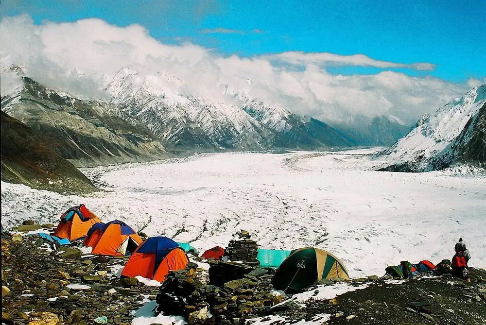 Expedition tents at a camp on the glacier below Spantik, Golden Peak, Nagar, Gilgit-Baltistan
