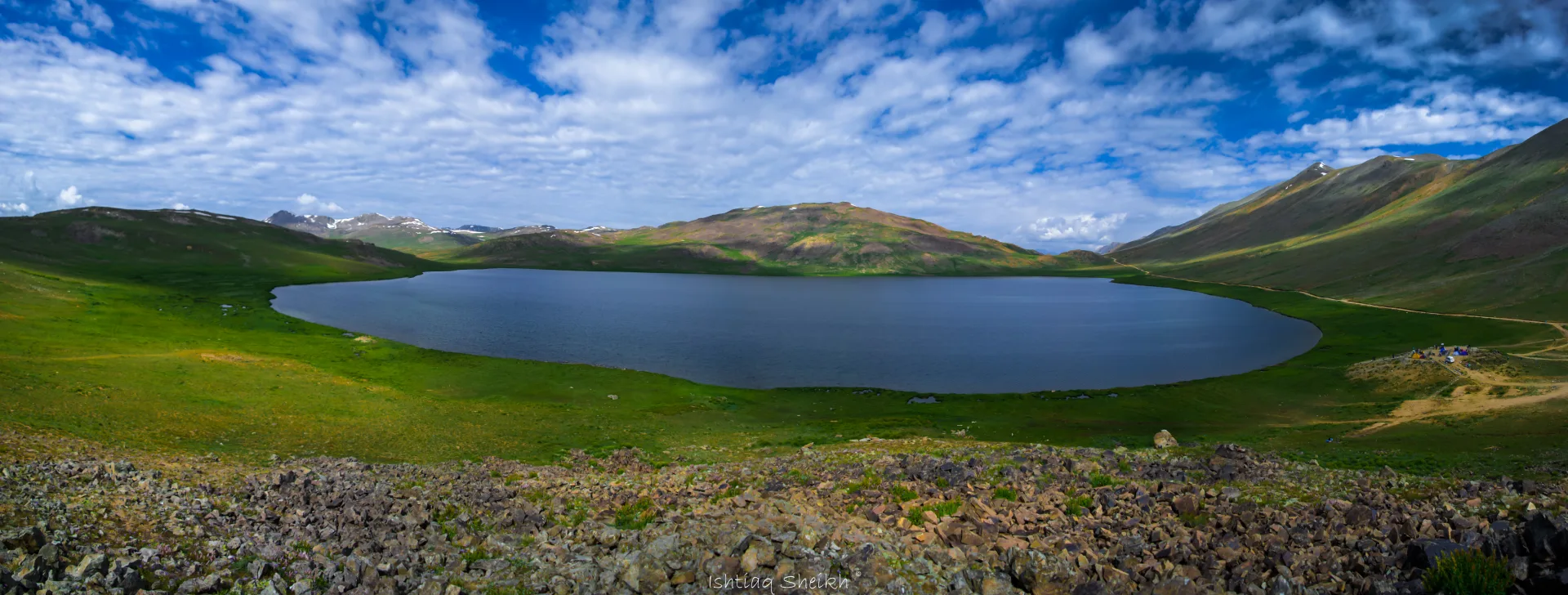 Panorama of Sheosar Lake at the western edge of Deosai National Park