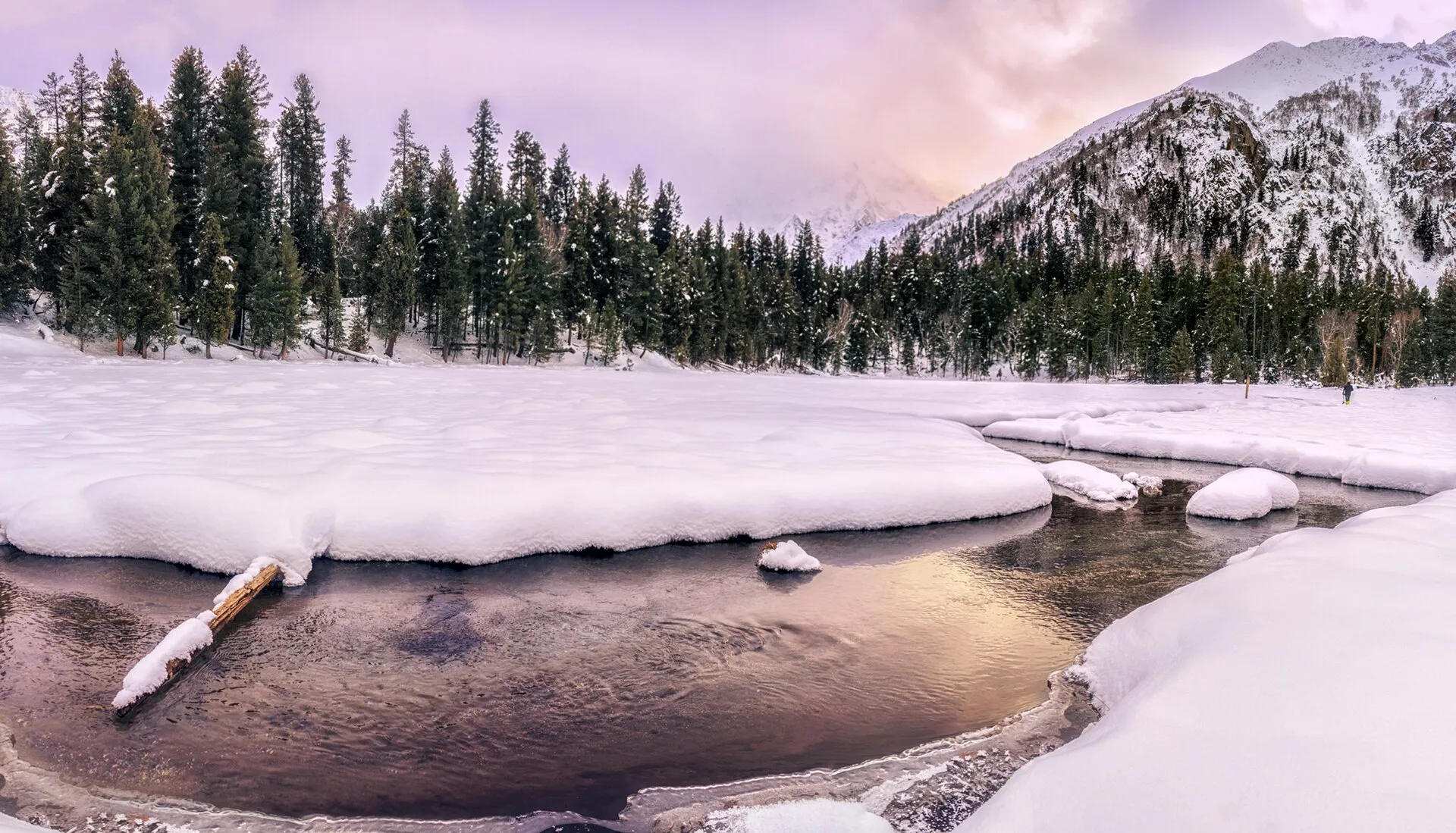 Pink sunset over a frozen pond and pine forest at Fairy Meadows