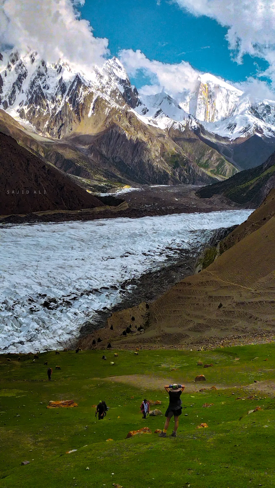 Trekkers on green meadows above the glacier near Fairy Meadows, Nanga Parbat