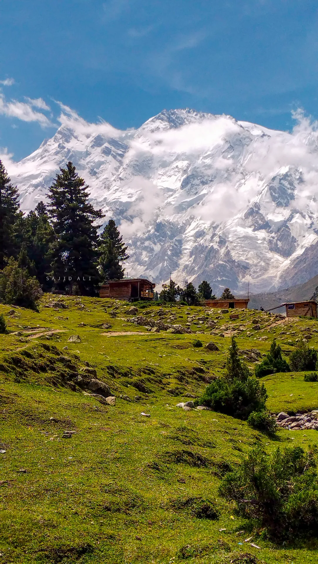 Wooden huts scattered across the meadows beneath Nanga Parbat at Fairy Meadows