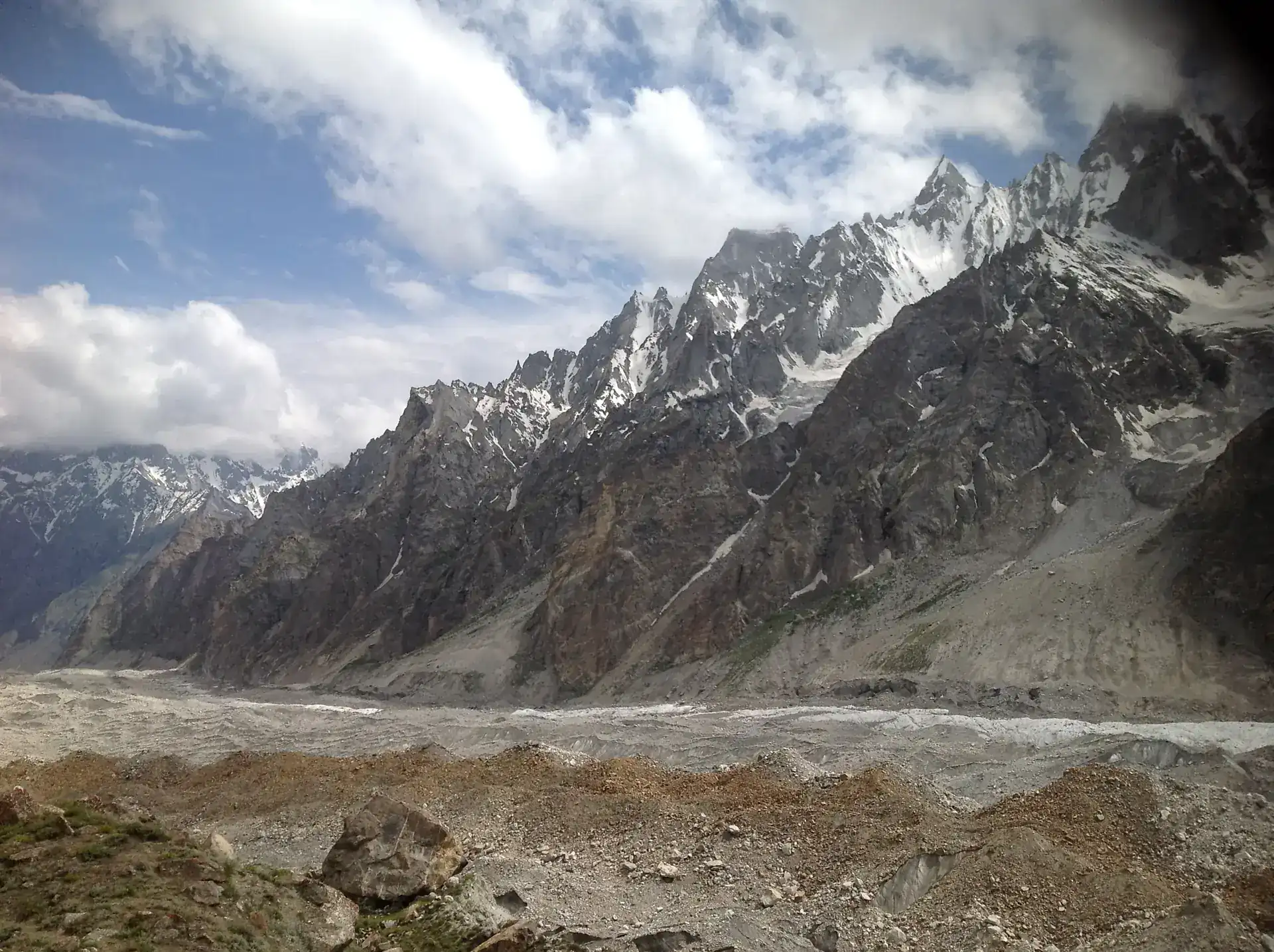 The Gondogoro glacier below jagged granite peaks on the Hushe side, the approach to Gondogoro Peak