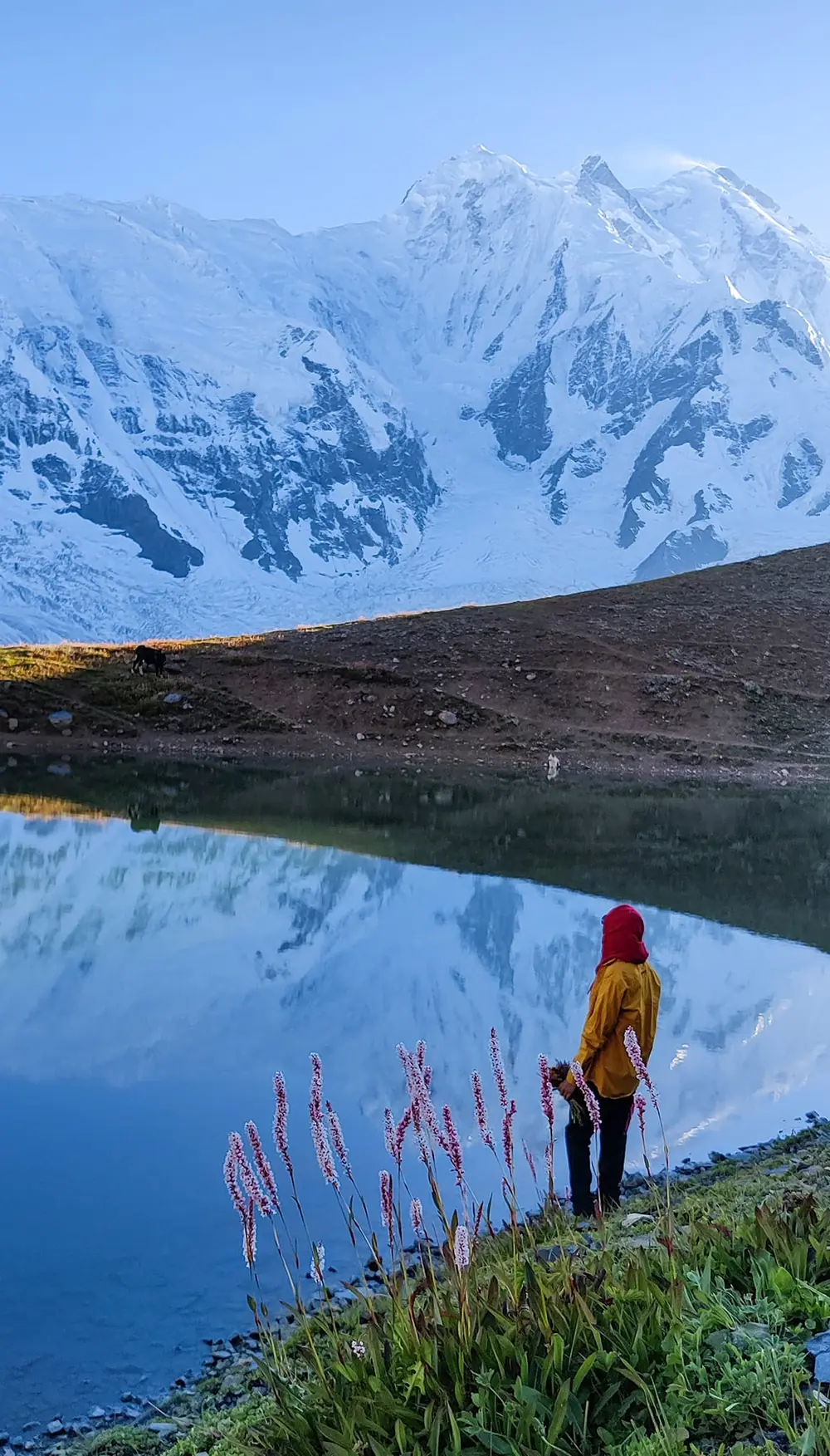 Trekker beside Kacheli Lake at dawn with the snow face mirrored in still water