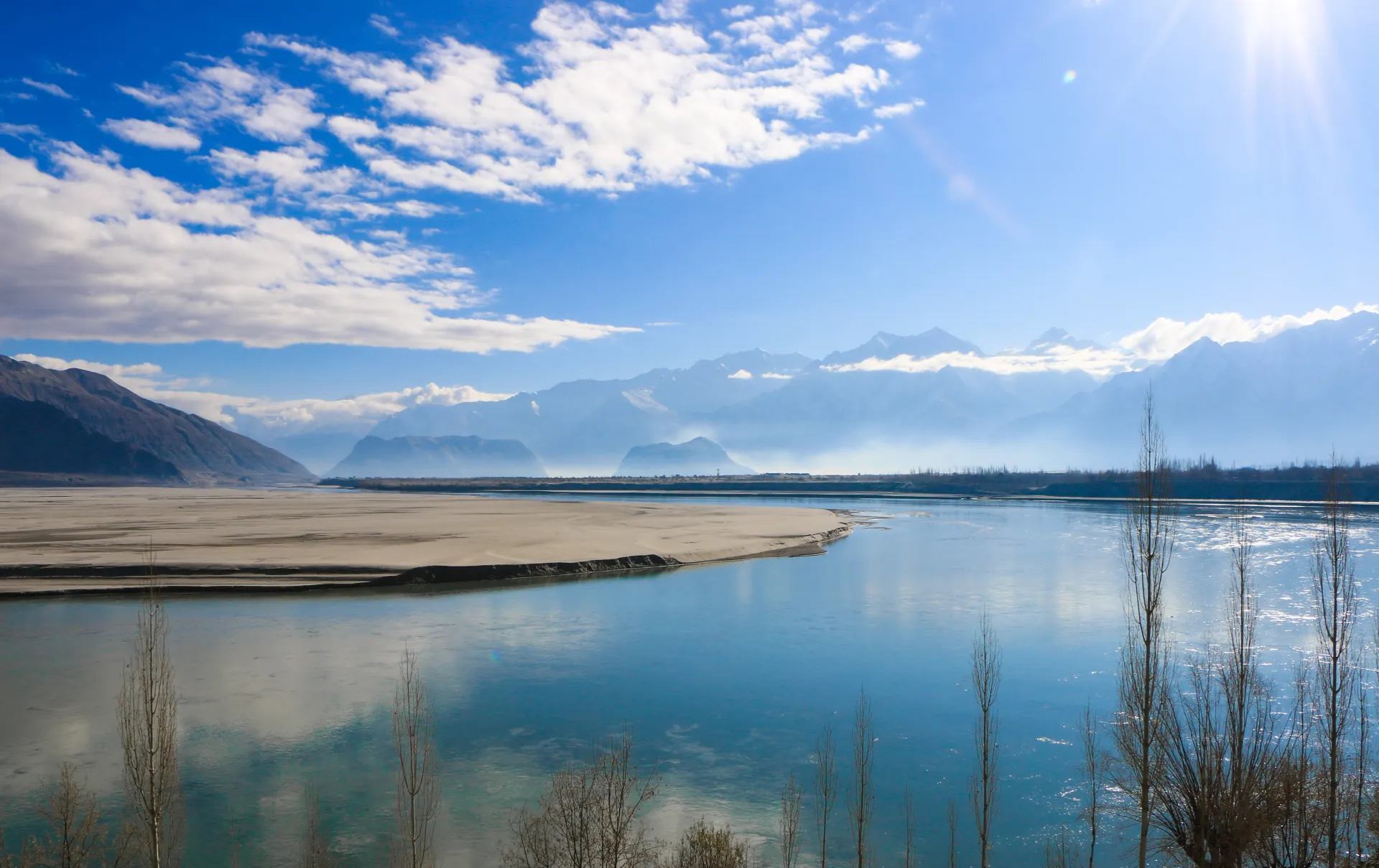 The braided Indus River beside the road near Skardu