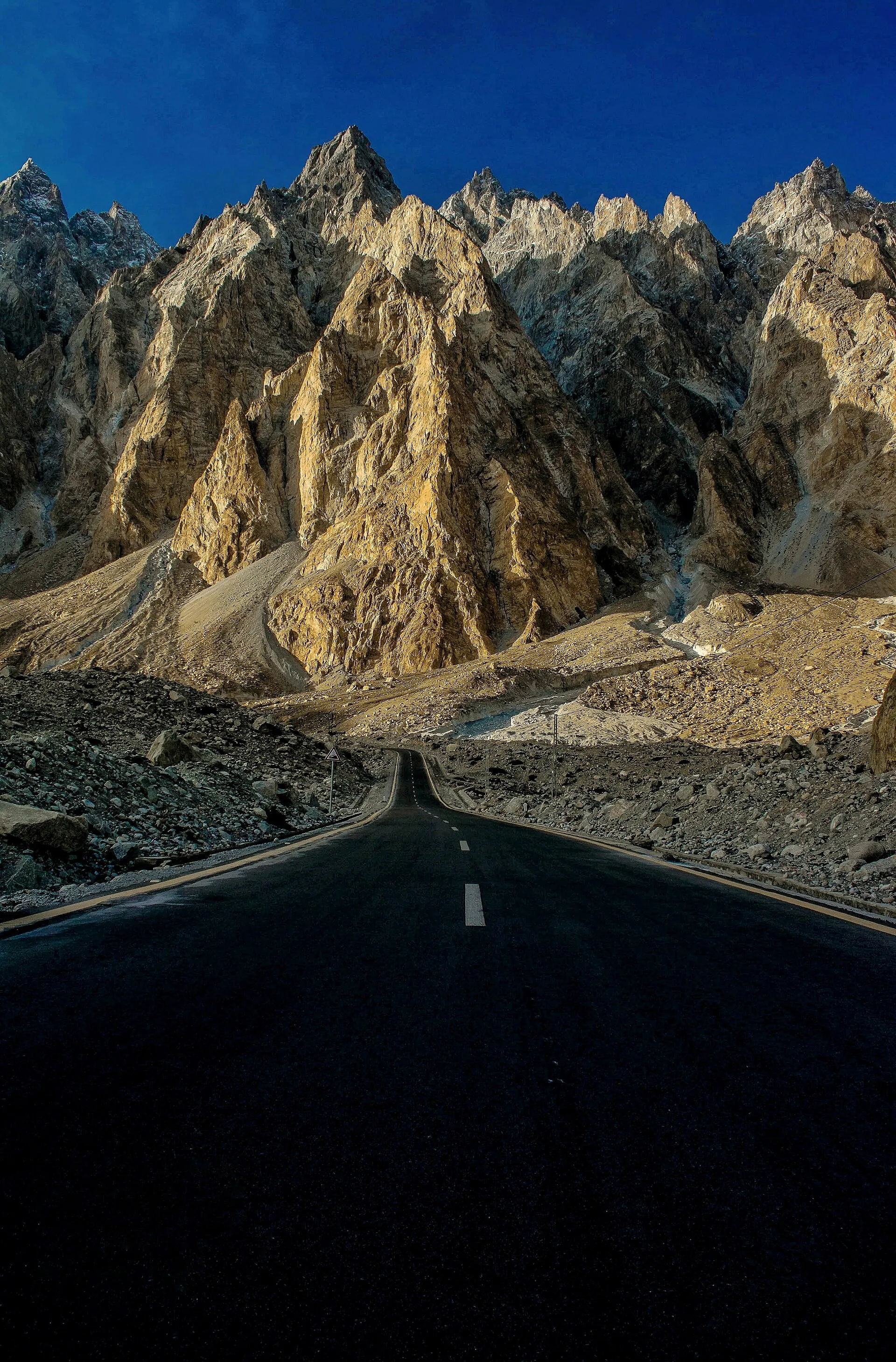 The Karakoram Highway approaching the Passu Cones