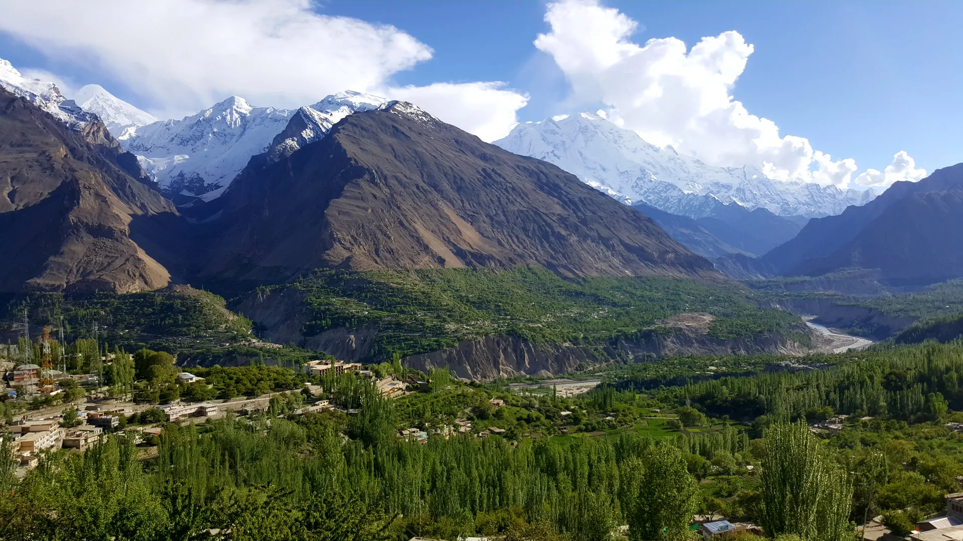 The green Hunza Valley at Karimabad below the Karakoram peaks