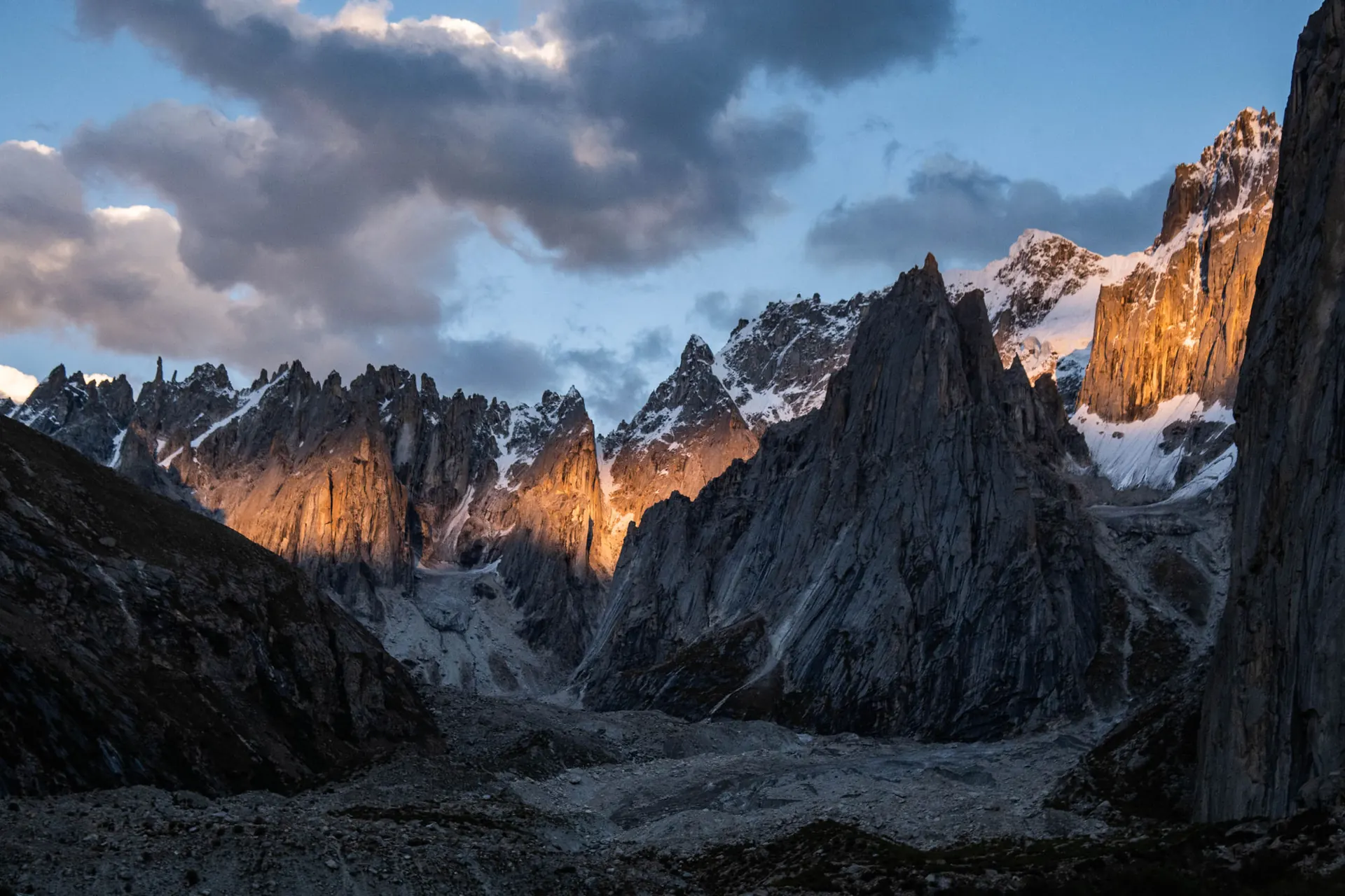 Granite towers at the head of Nangma Valley catching last light, Hushe, Baltistan, Pakistan