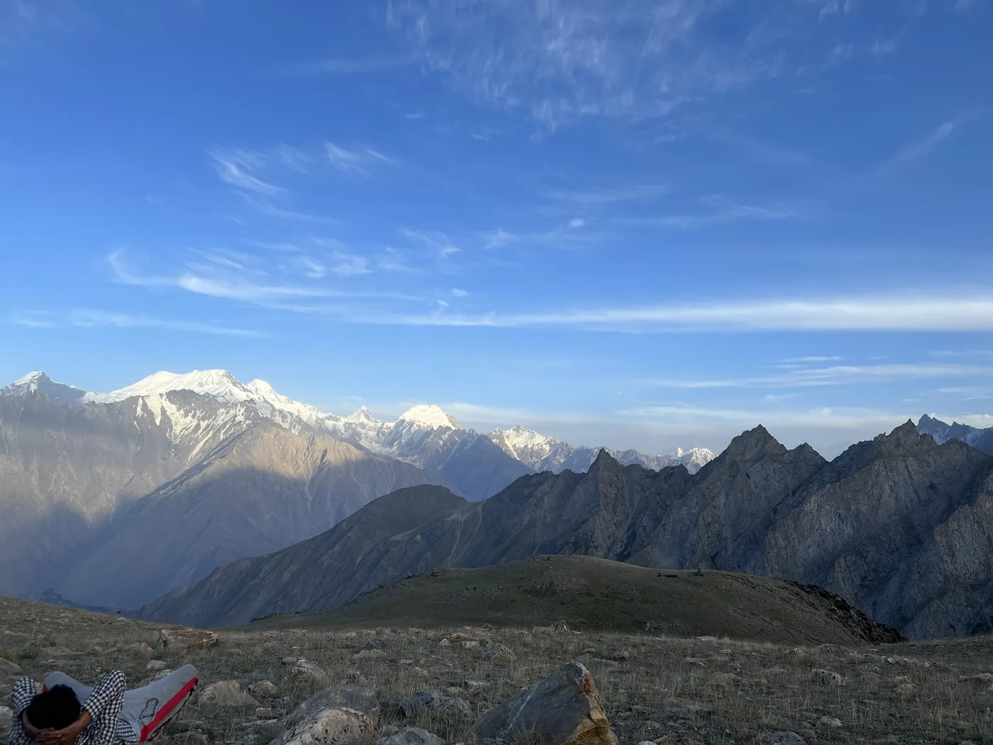 First light on the Karakoram peaks seen from the Patundas ridge at 4,200 m