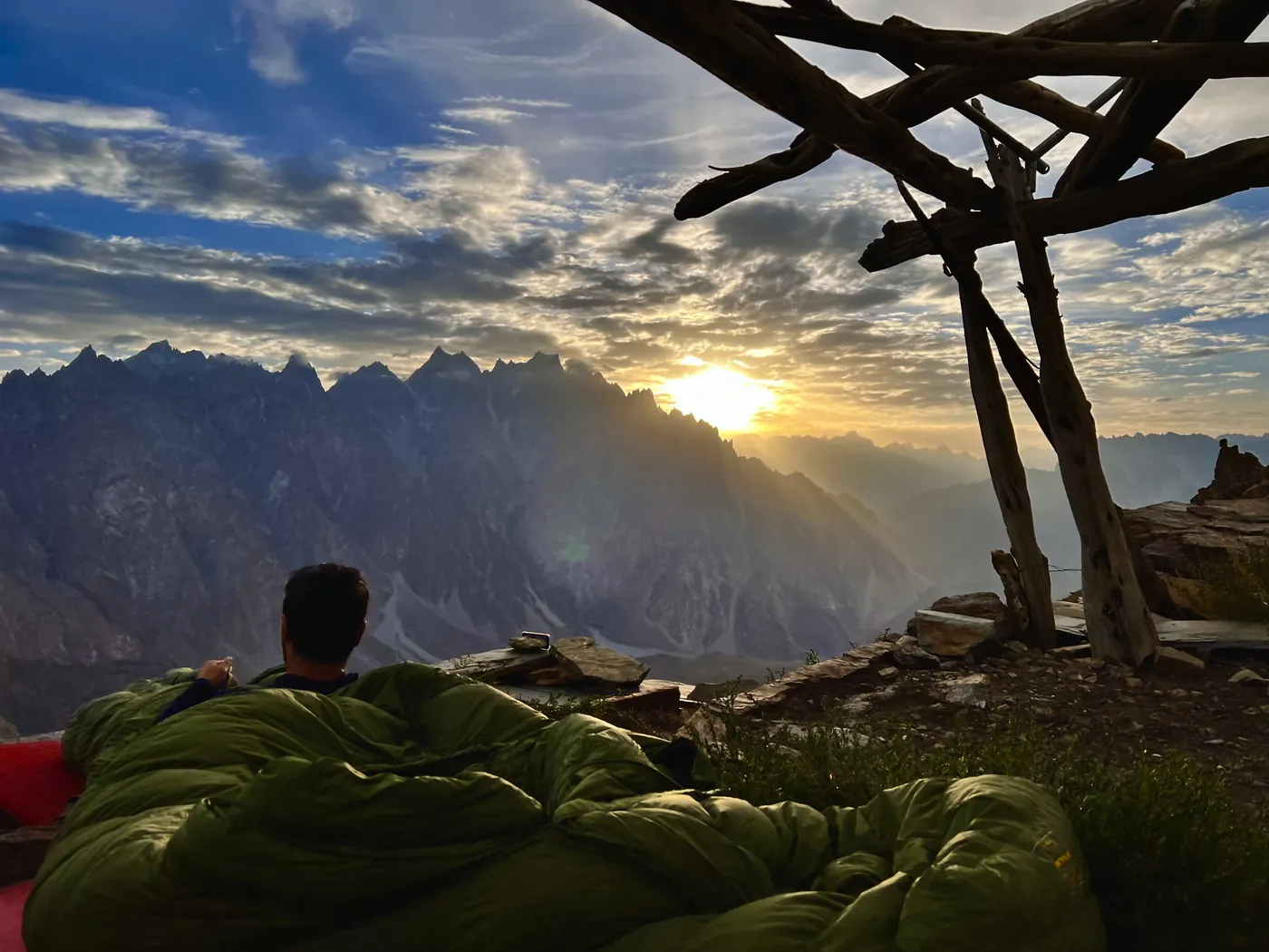 Sunrise over Tupopdan (Passu Cones) from the open camp at Patundas Meadows, Upper Hunza