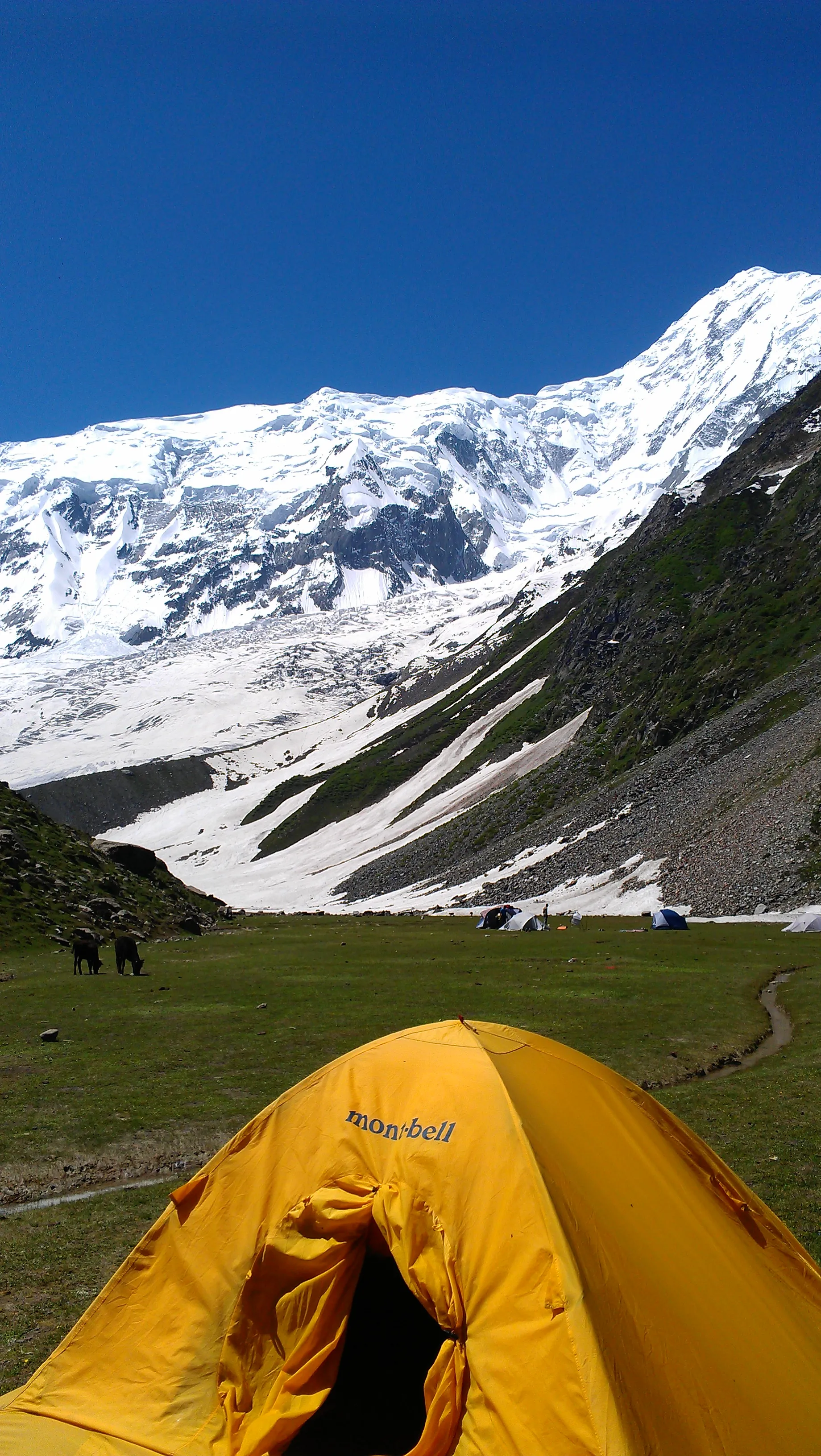 A tent pitched by Rush Lake below a snow-capped peak