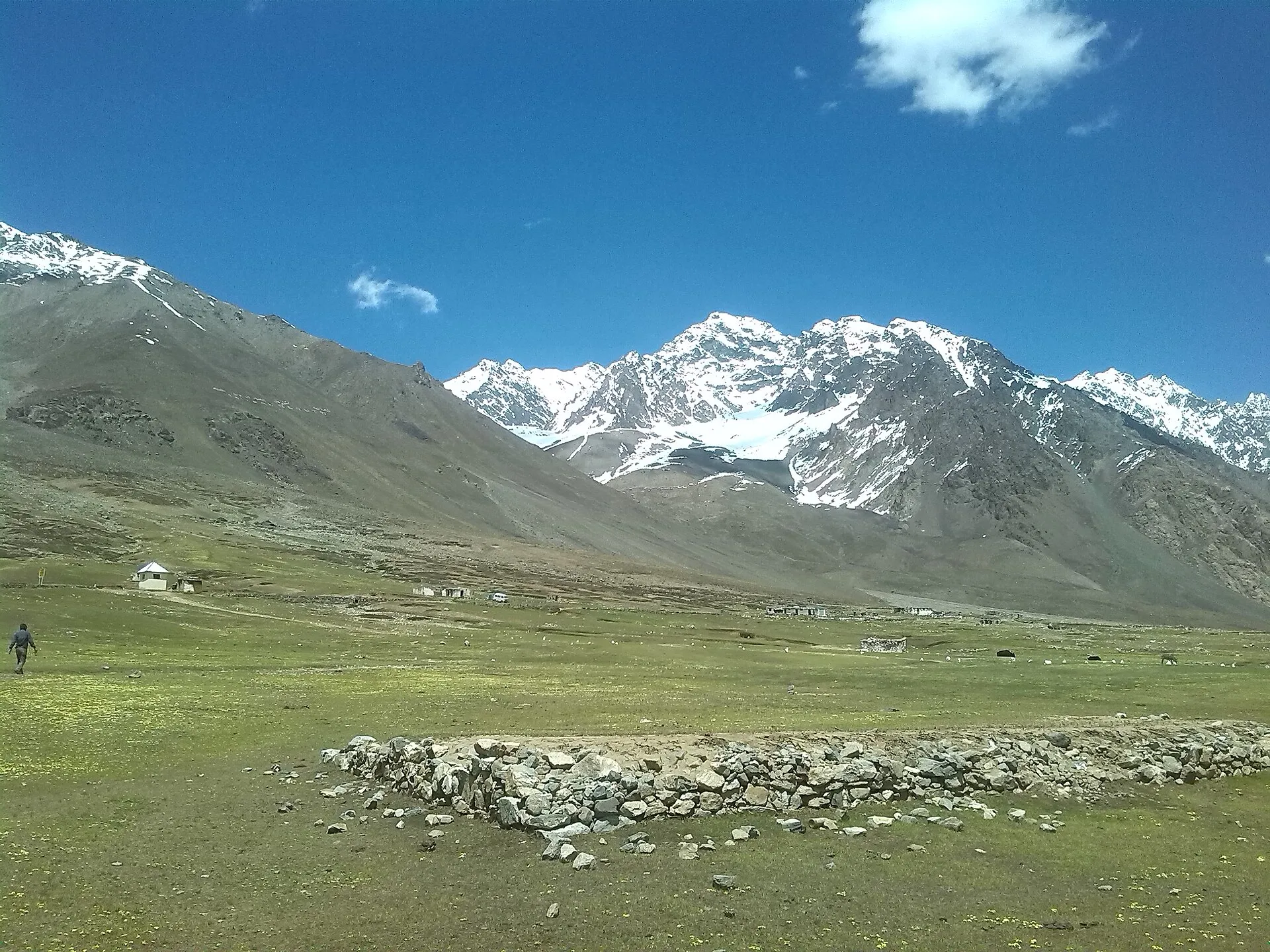 The green Shandur plateau below snow-capped peaks between Chitral and Gilgit