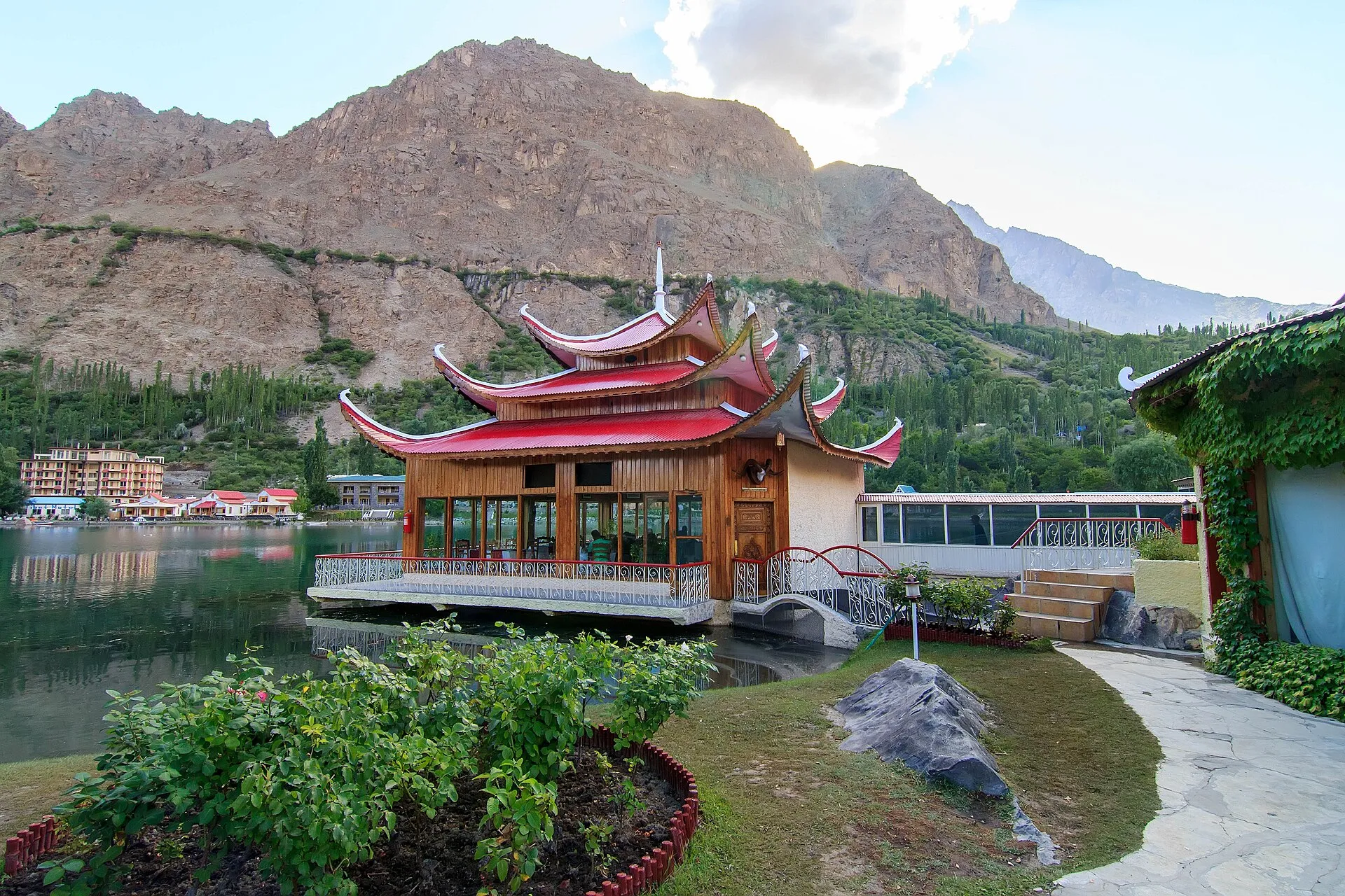 The pagoda and gardens of Shangrila Resort on Lower Kachura Lake