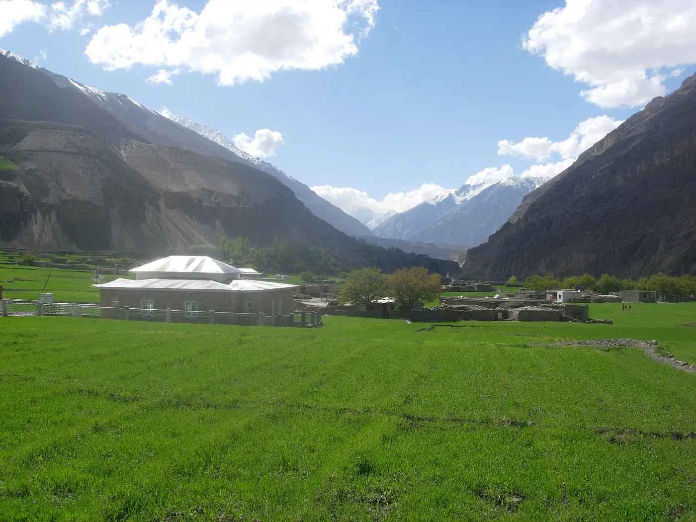 Grüne Felder und Häuser im Zentrum von Shimshal, dem Ausgangsdorf des Treks