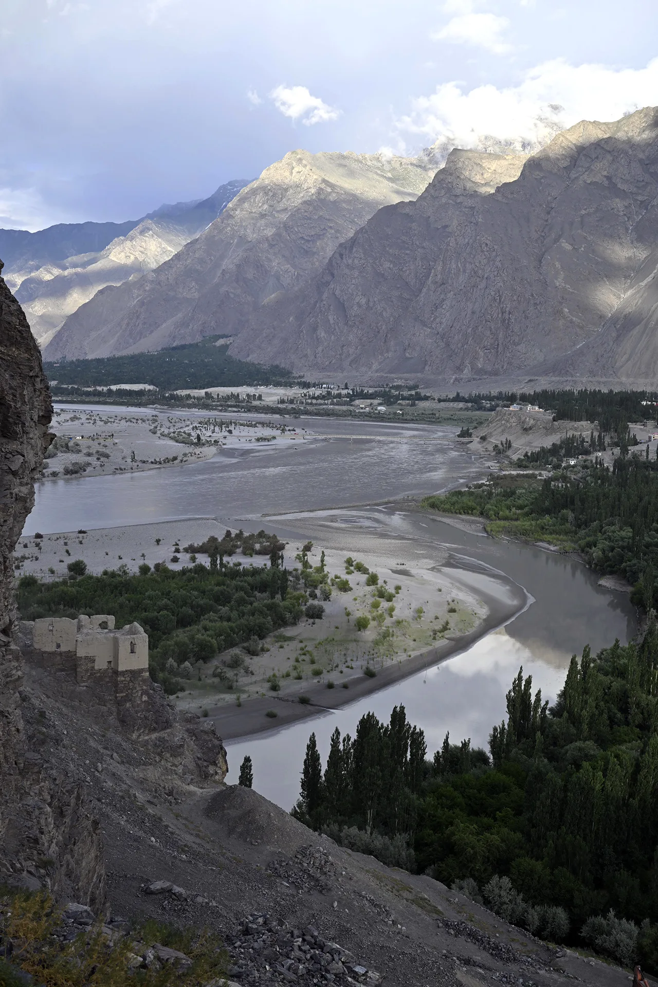 Aerial view of the Indus River winding through the Skardu valley along the Gilgit-Skardu road