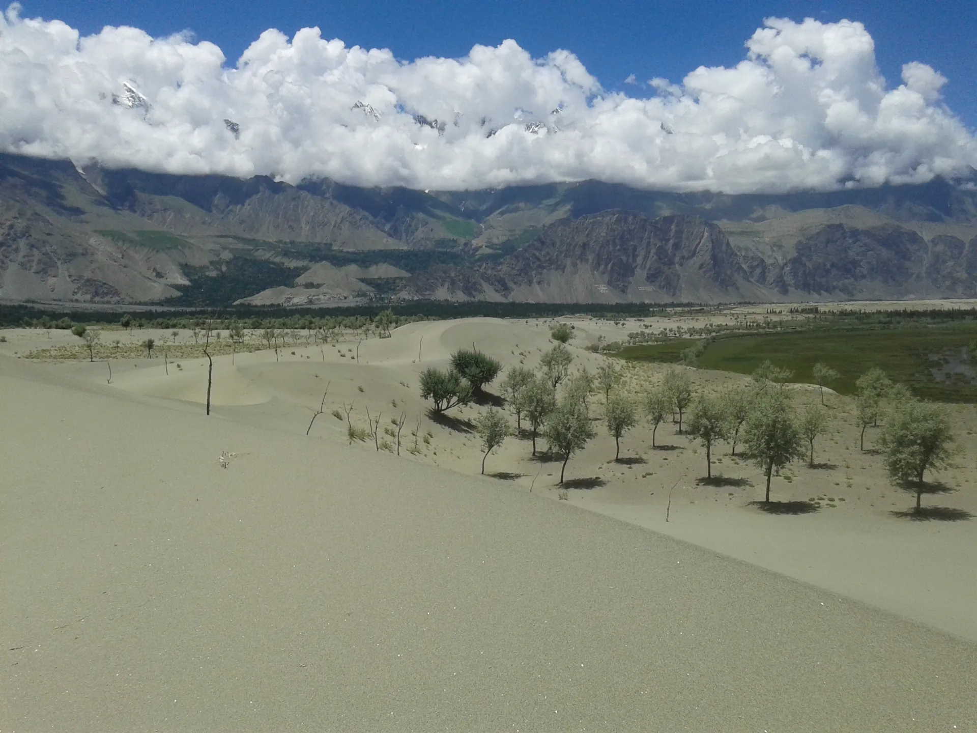 Sand dunes of the Katpana Cold Desert set against the mountains of Skardu