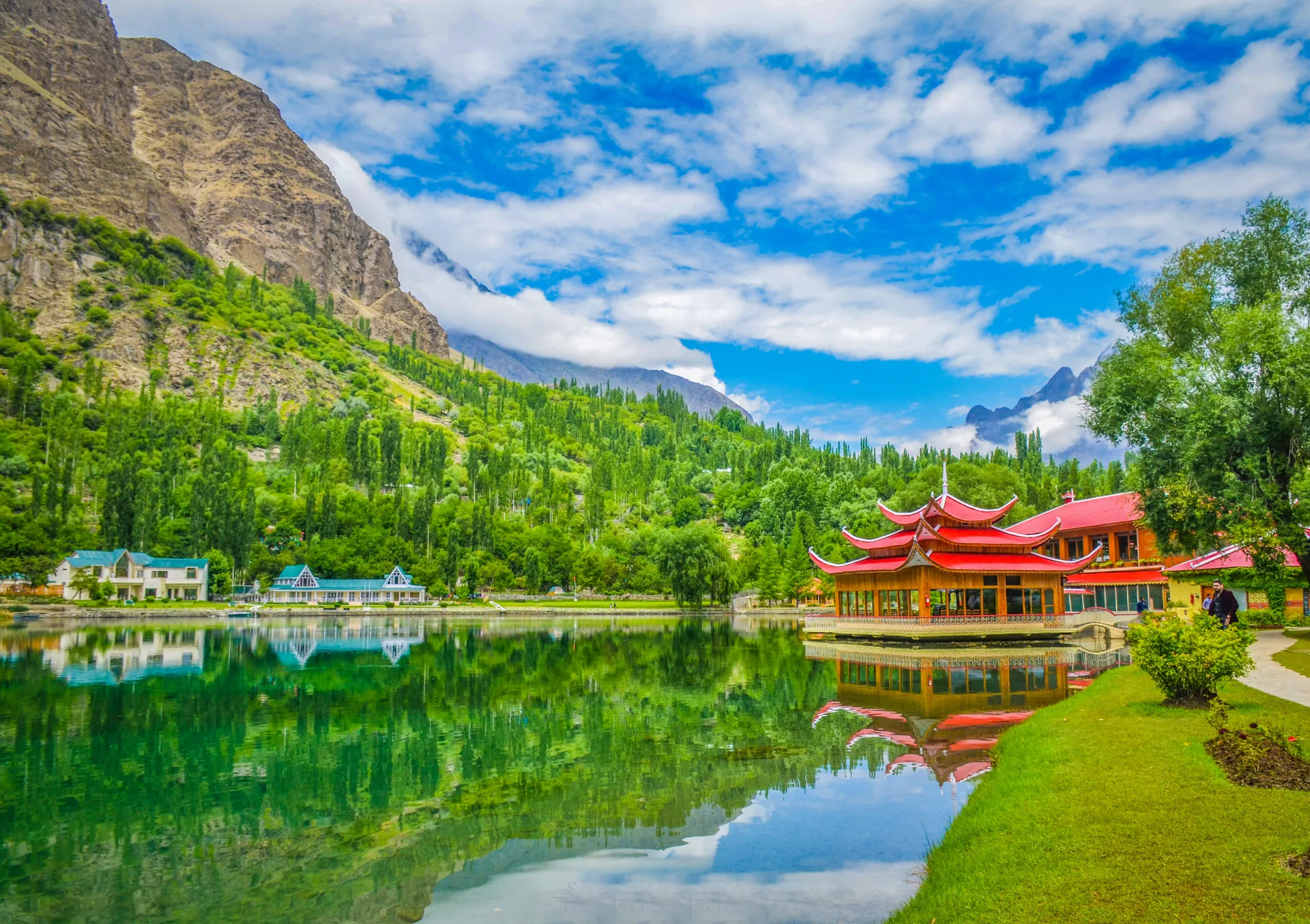 The red pagoda of Shangrila Resort beside Lower Kachura Lake, Skardu