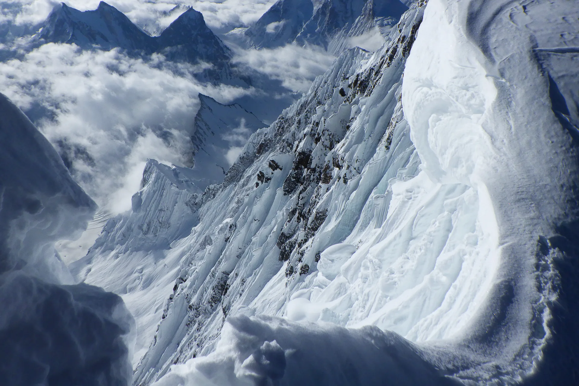 Broad Peak steep ice wall and seracs on the climbing route Karakoram Pakistan