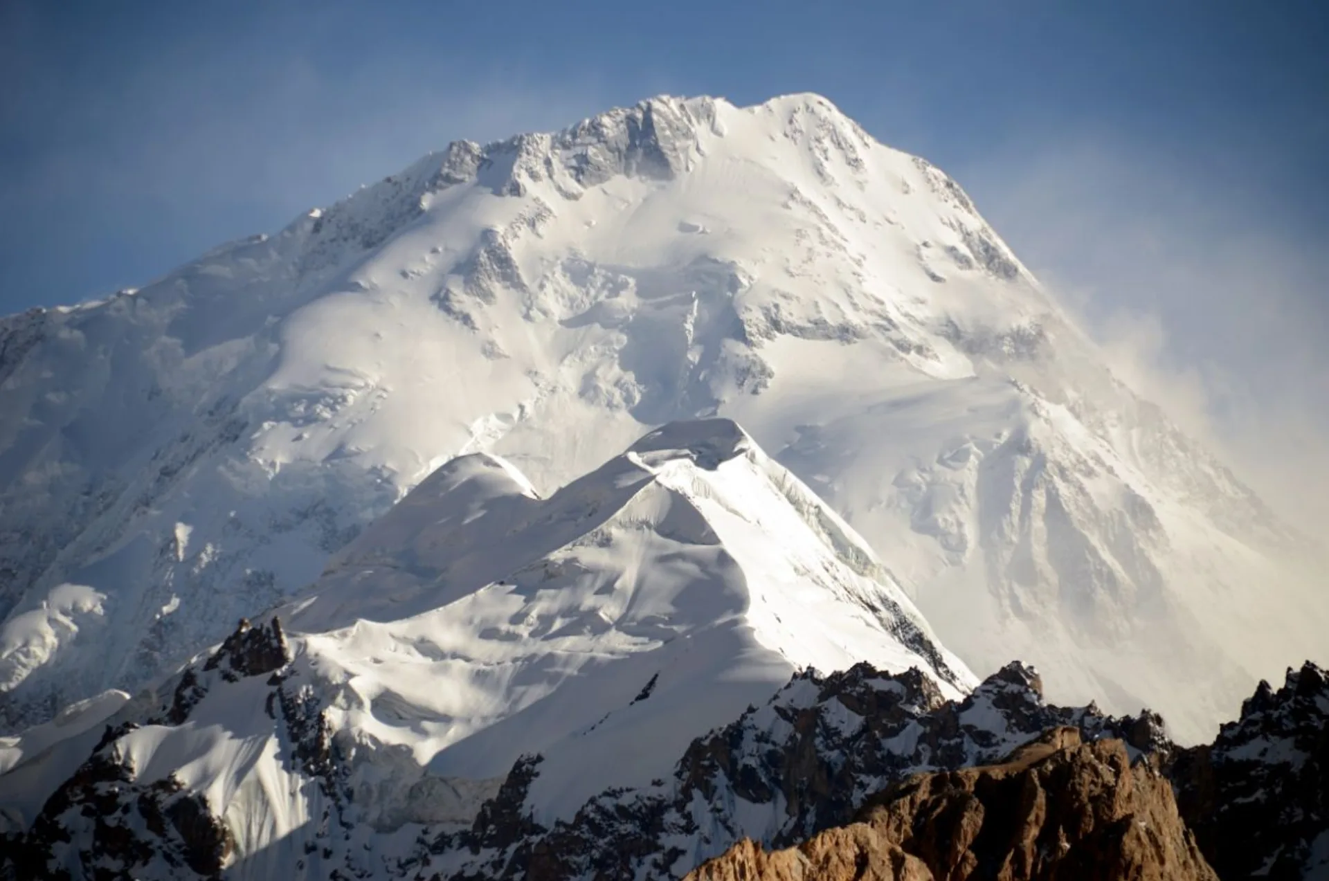 Gasherbrum I Hidden Peak 8080m north face close-up in late afternoon light from base camp, Karakoram