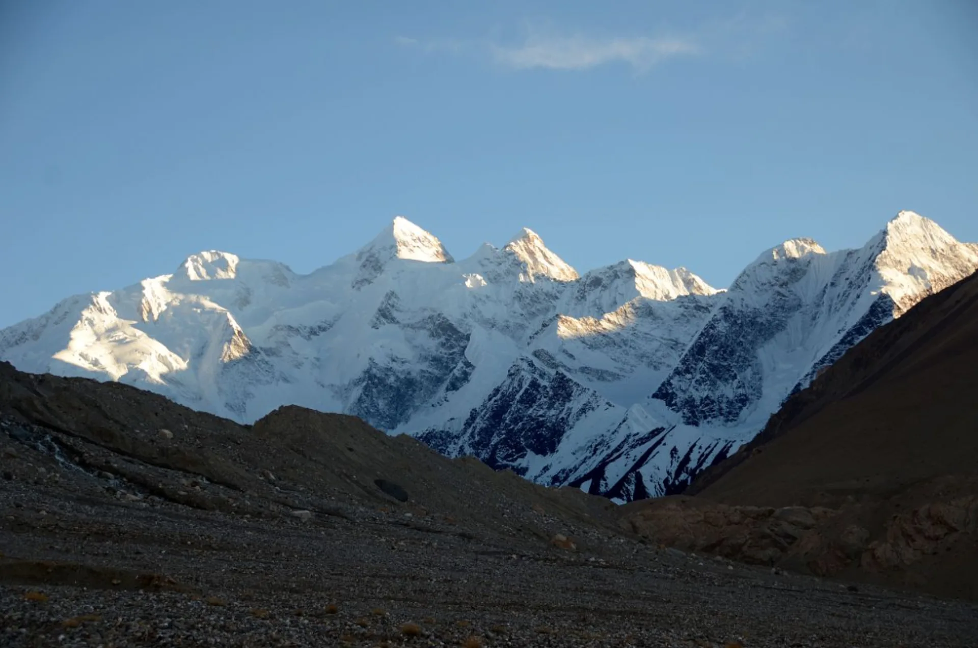 Gasherbrum II E, Gasherbrum II, Gasherbrum III and Nakpo Kangri panorama before sunset from north base camp