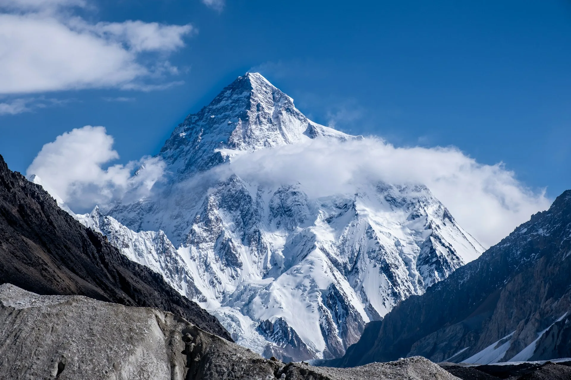 K2 8611m summit pyramid against clear blue sky viewed from Concordia, Karakoram Pakistan