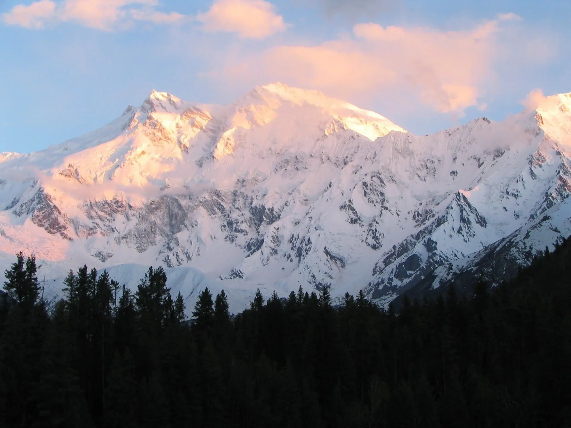 Nanga Parbat reflected in a pond at Fairy Meadows with horses grazing on green pasture